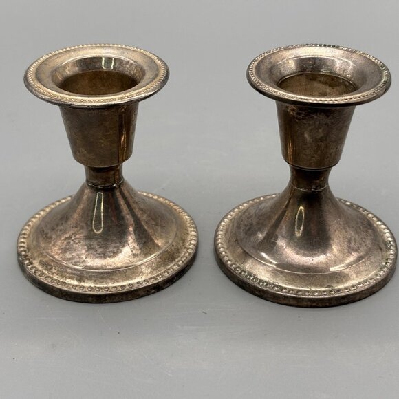 Vintage Silver Plated Taper Candle Holders With Beaded Rim And Classic Rounded - Picture 2 of 6